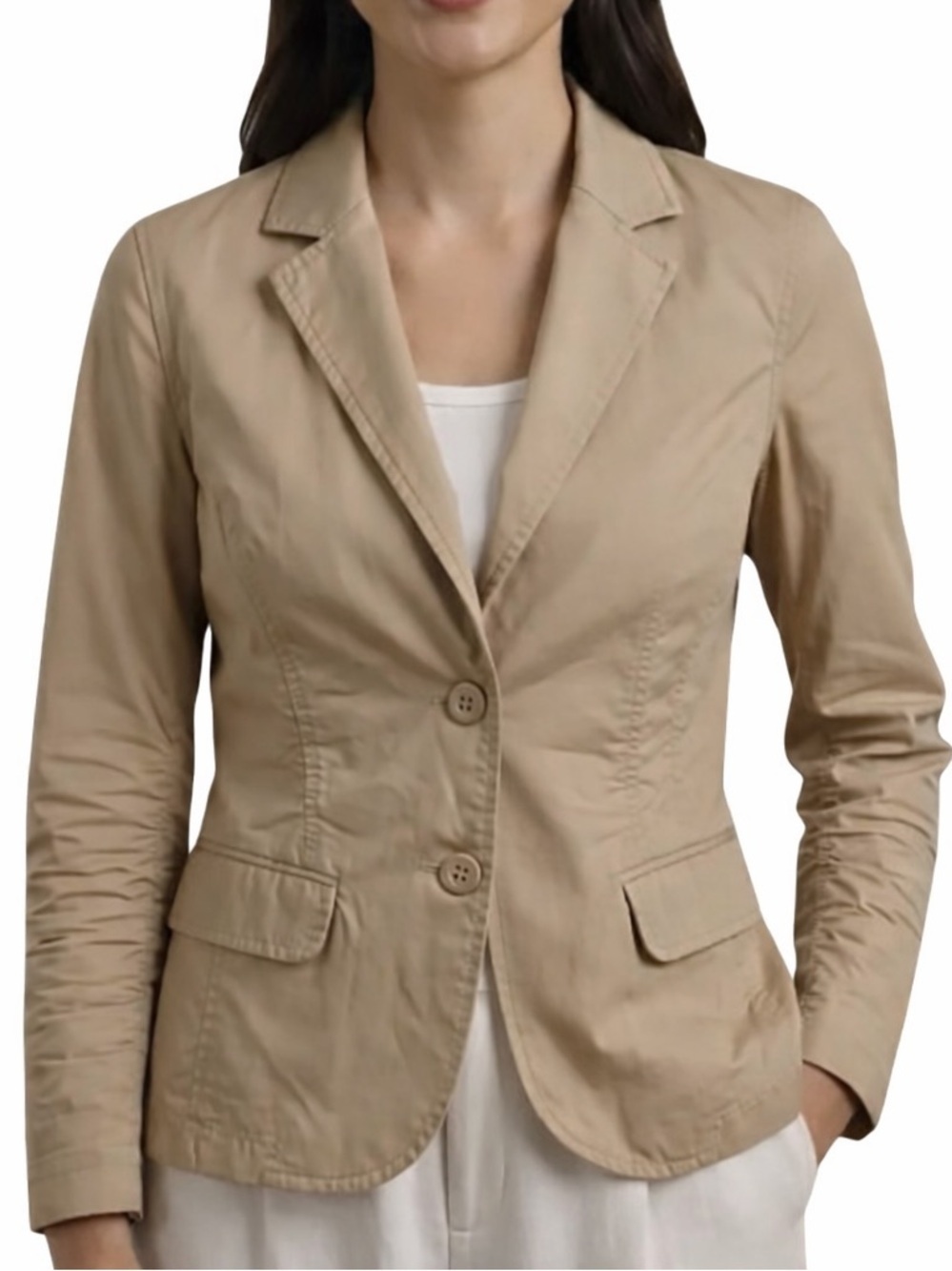 Jacob Jacket 100% Cotton Blazer Cropped Beige Ruched Panels Sleeves Unlined 7/8